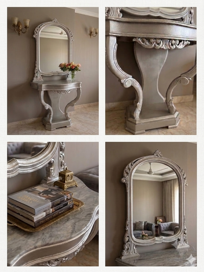 Collage of decorative mirrors and furniture pieces in a room setting.