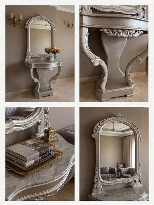 Collage of decorative mirrors and furniture pieces in a room setting.