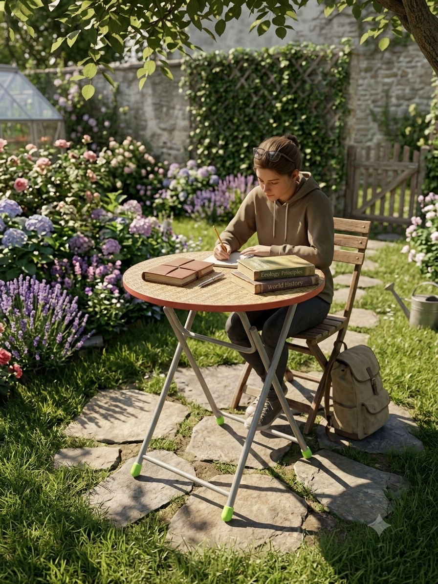 Person sitting at a small round table in a garden, surrounded by flowers and plants.