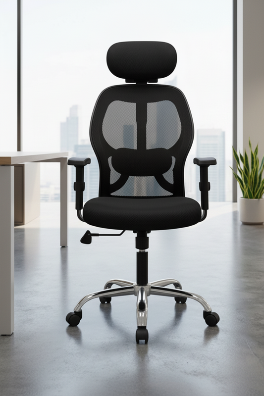 Black office chair shown from multiple angles in an indoor setting.