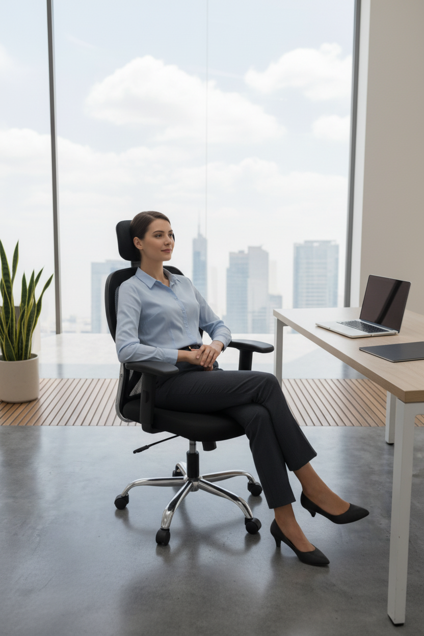 Black office chair shown from multiple angles in an indoor setting.