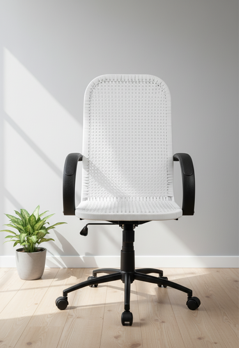 White office chair with black accents shown from multiple angles on a light gray background.