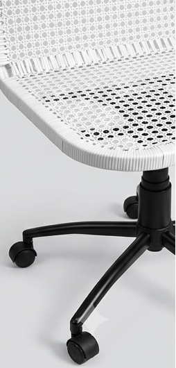 White office chair with black accents shown from multiple angles on a light gray background.