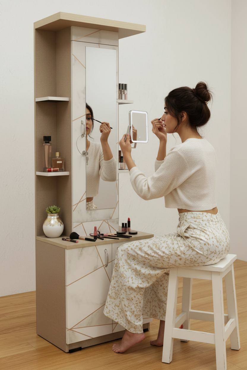 Dressing table with multiple angles and details on a wooden floor.