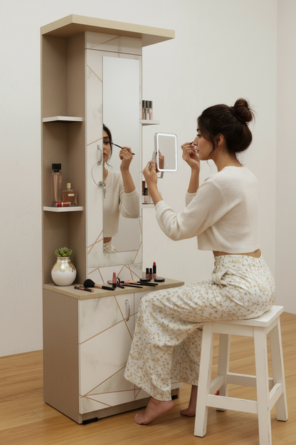Dressing table with multiple angles and details on a wooden floor.