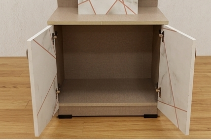 Dressing table with multiple angles and details on a wooden floor.