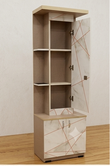 Dressing table with multiple angles and details on a wooden floor.