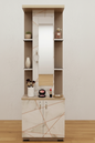 Dressing table with multiple angles and details on a wooden floor.