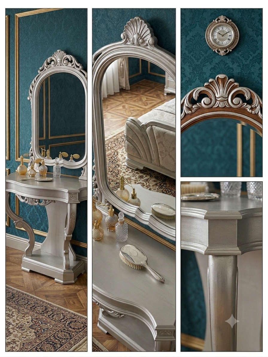 Collage of decorative mirrors and a clock against a teal wall.