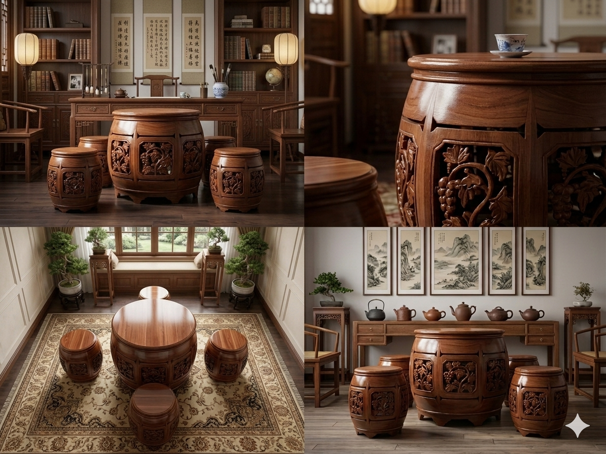 Collage of wooden furniture pieces with intricate carvings in a room setting.