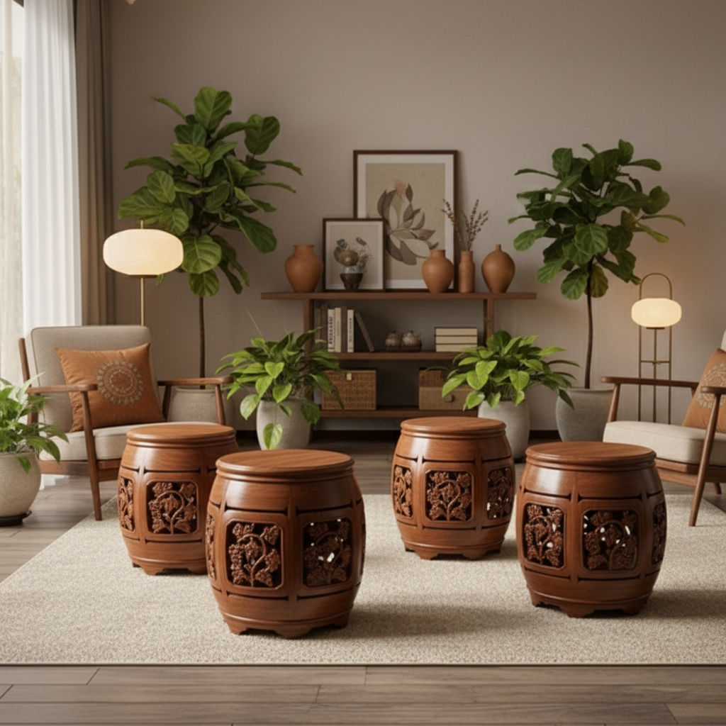 Collage of wooden furniture with intricate carvings in a traditional setting.