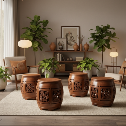 Collage of wooden furniture with intricate carvings in a traditional setting.