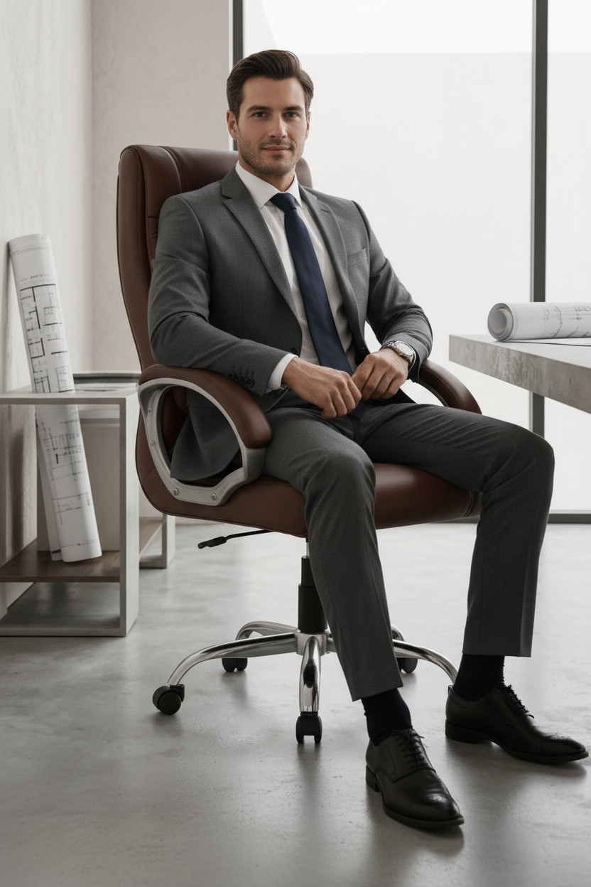 Brown office chair shown from multiple angles in a modern interior setting.