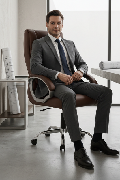 Brown office chair shown from multiple angles in a modern interior setting.
