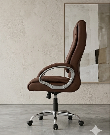 Brown office chair shown from multiple angles in a modern interior setting.