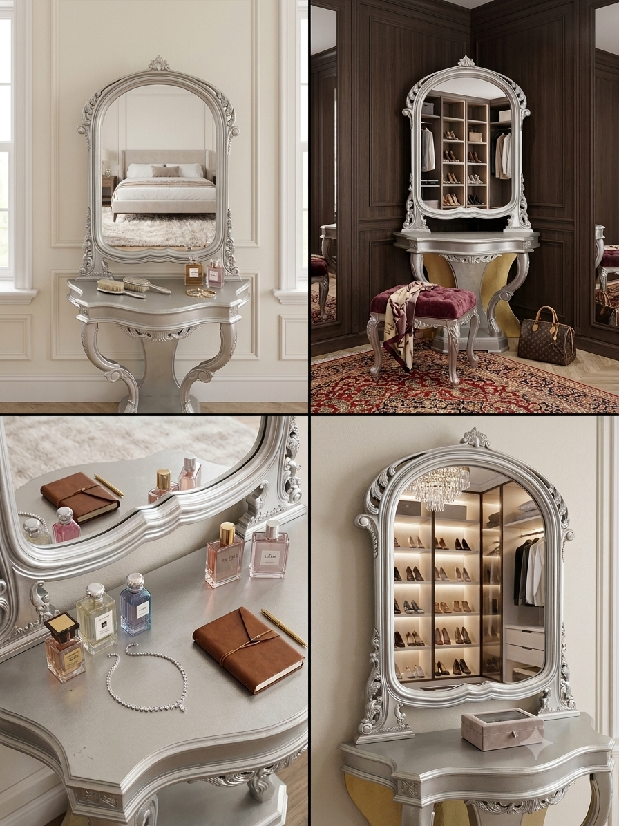 Decorative vanity table with mirror in various settings