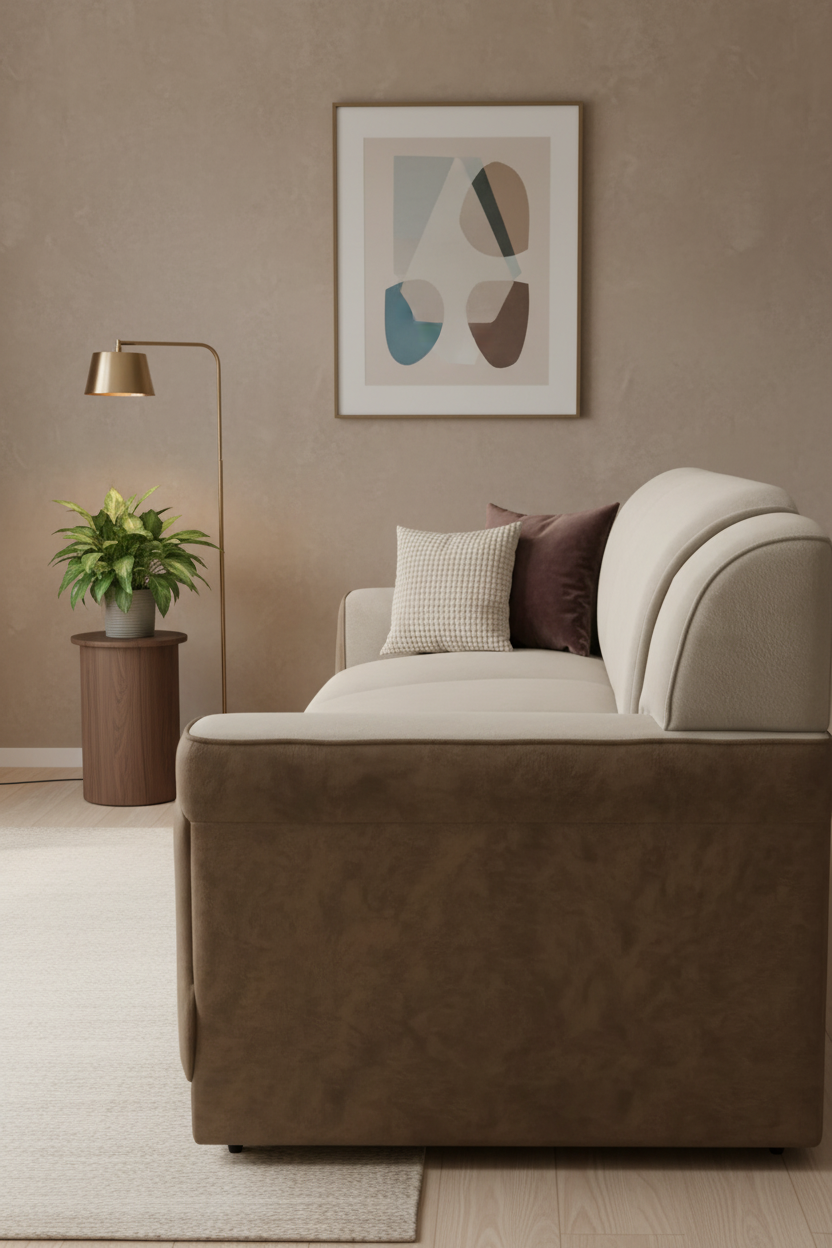 Brown sofa in a room with a textured wall and small table.