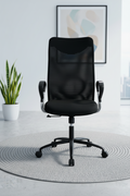Black office chair shown from multiple angles in a modern office setting.