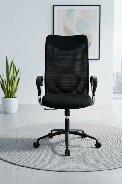 Black office chair shown from multiple angles in a modern office setting.