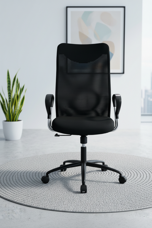 Black office chair shown from multiple angles in a modern office setting.