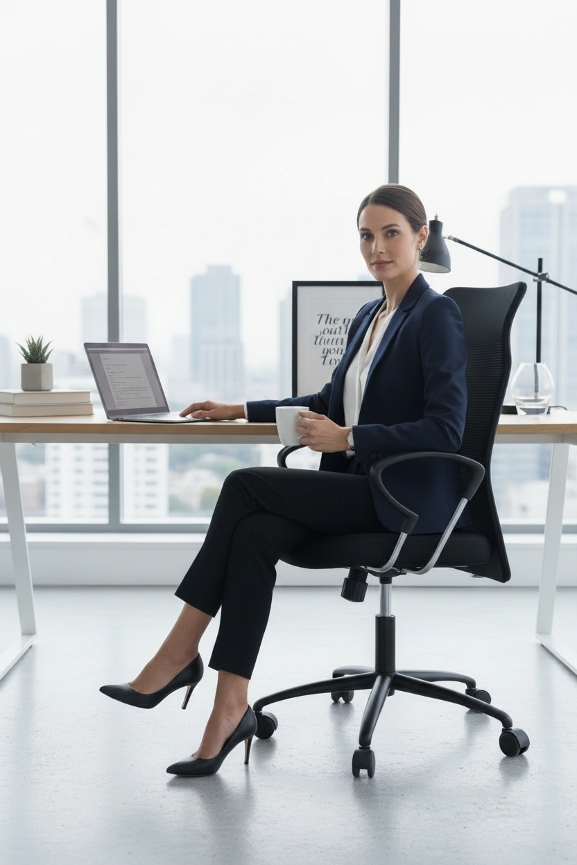 Black office chair shown from multiple angles in a modern office setting.