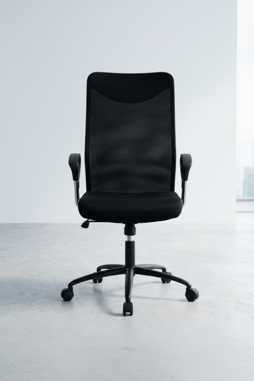 Black office chair shown from multiple angles in a modern office setting.