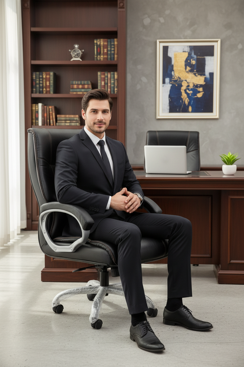 Black office chair shown from multiple angles on a gray background