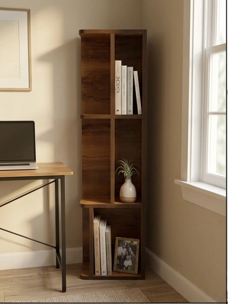 Collage of a wooden corner shelf in various room settings.