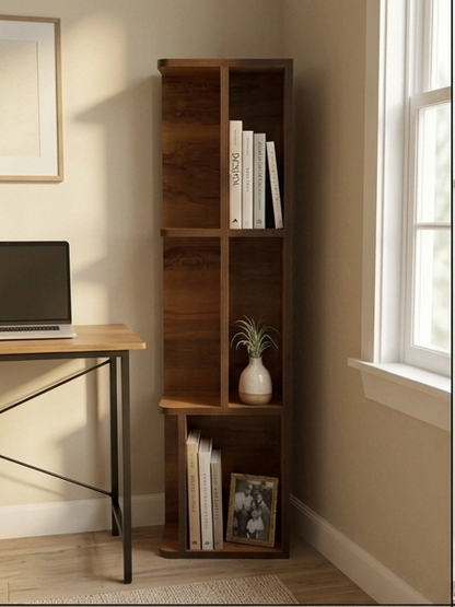 Collage of a wooden corner shelf in various room settings.