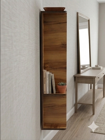 Collage of a wooden corner shelf in various room settings.