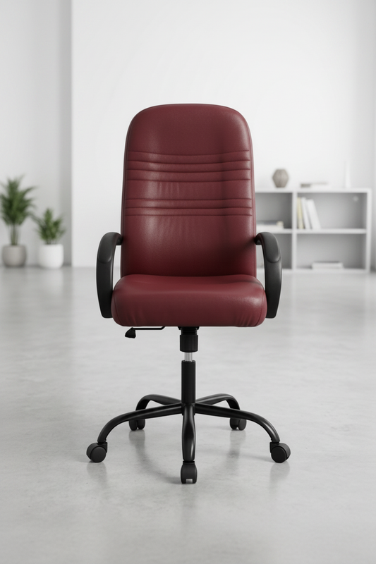 Collage of a red office chair in different angles on a light background.