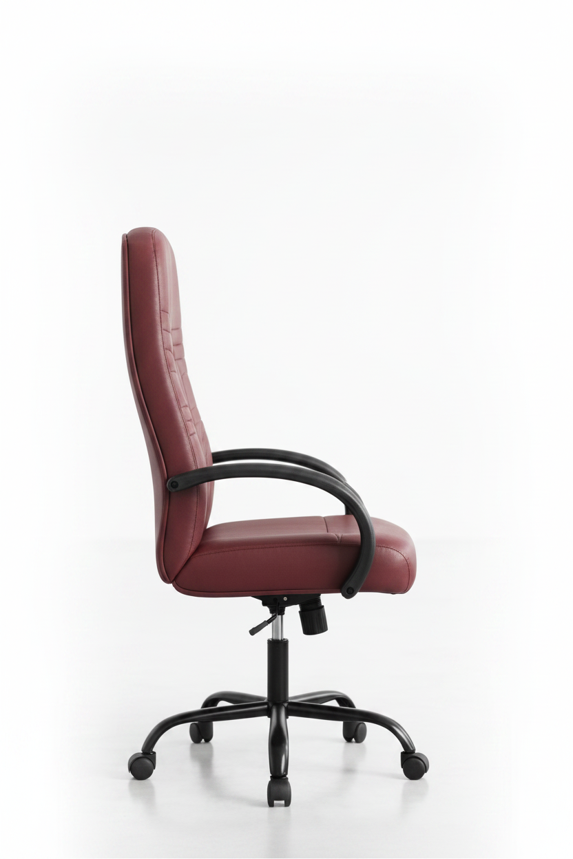 Collage of a red office chair in different angles on a light background.