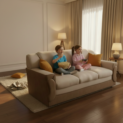 Beige sofa in a room with a textured wall and rug.
