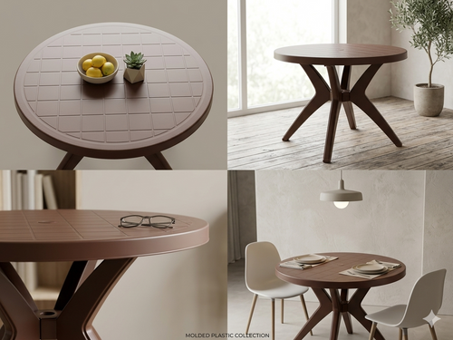 Collage of round wooden tables in various settings with decor items.