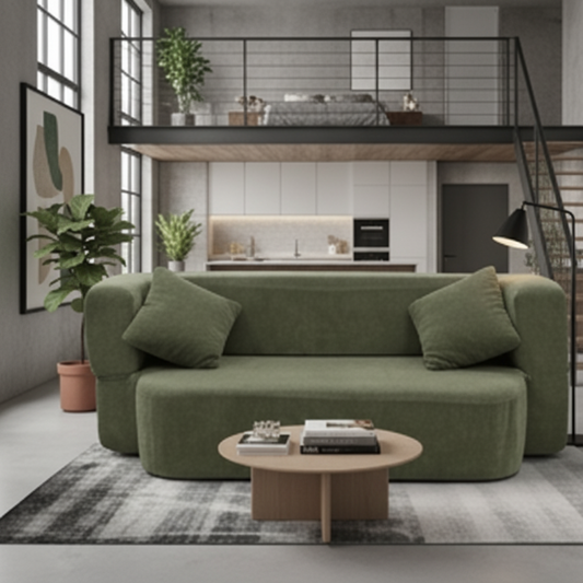 Green sofa in a modern living room with a coffee table and plants.