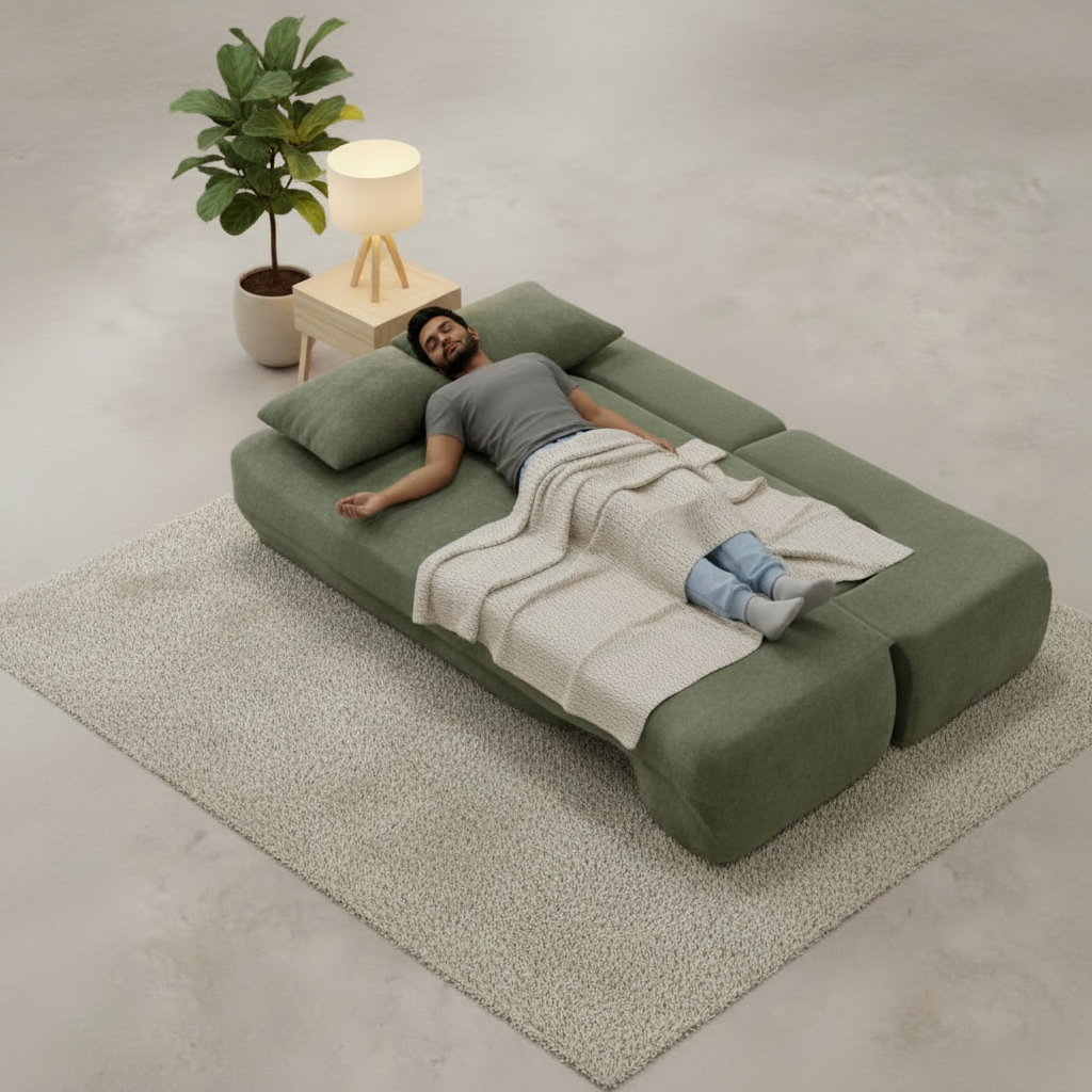 Green sofa in a modern living room with a coffee table and plants.