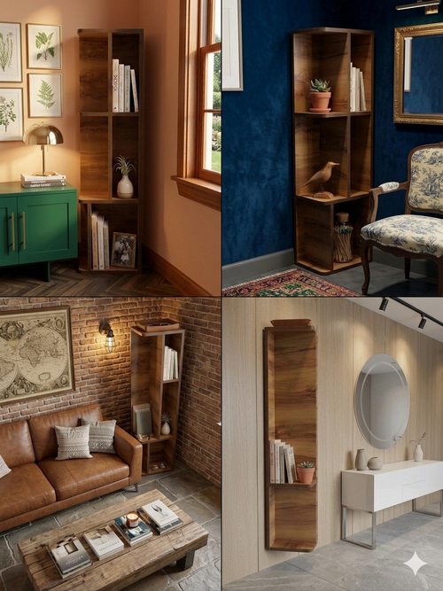 Collage of wooden bookshelves in various interior settings.