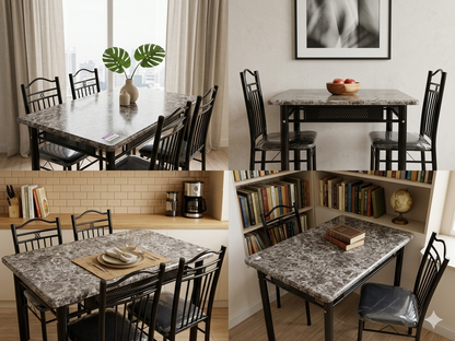 Collage of a dining room with marble tables and black chairs.