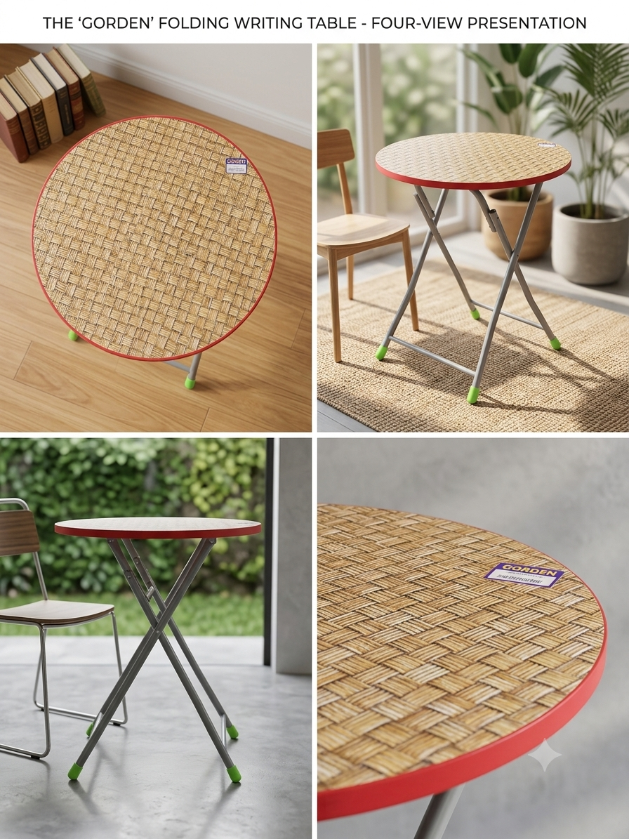 Collage of a 'Garden' folding writing table in various settings with a red base and woven top.