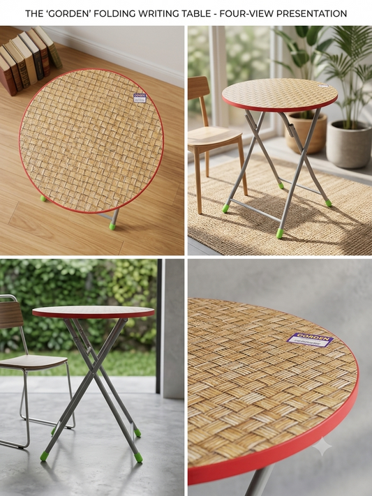 Collage of a 'Garden' folding writing table in various settings with a red base and woven top.