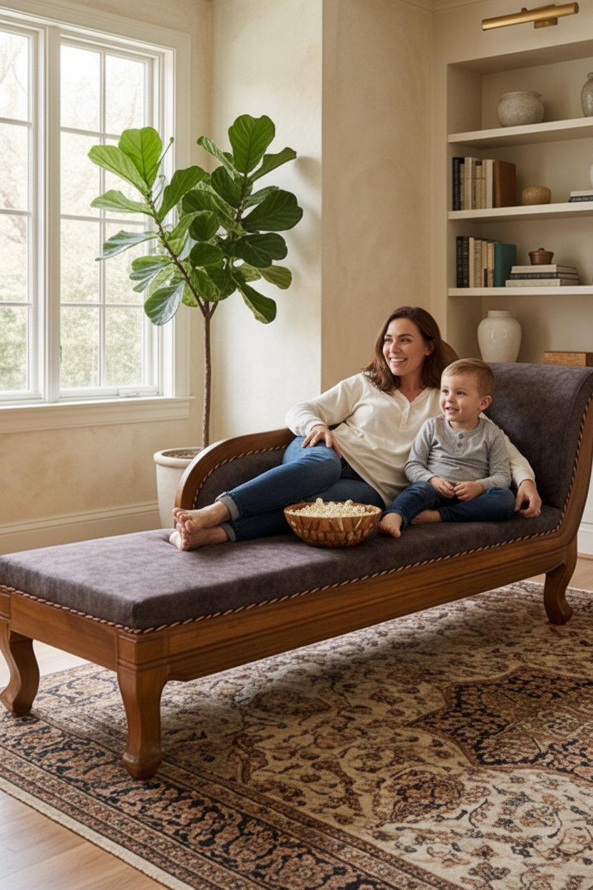 Collage of a wooden sofa in various home settings with decorative elements.