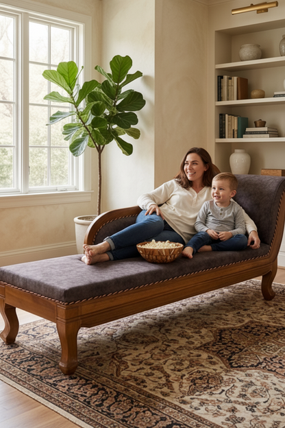 Collage of a wooden sofa in various home settings with decorative elements.