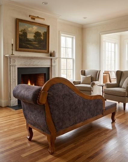 Collage of a wooden sofa in various home settings with decorative elements.