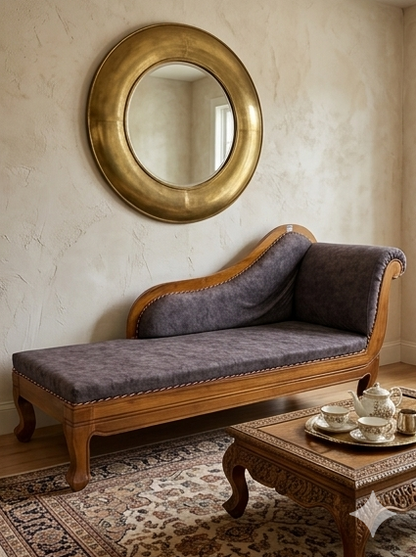 Collage of a wooden sofa in various home settings with decorative elements.