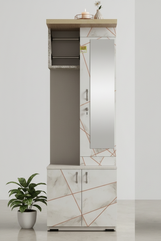 White wardrobe with marble pattern and mirror on a white background