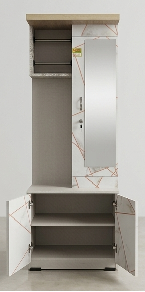 White wardrobe with marble pattern and mirror on a white background