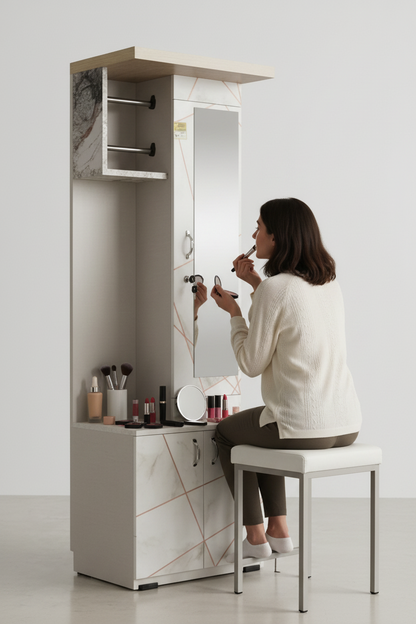 White wardrobe with marble pattern and mirror on a white background
