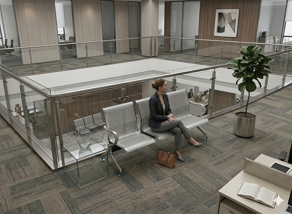Woman sitting on a bench in a modern office lobby with glass walls and a plant.