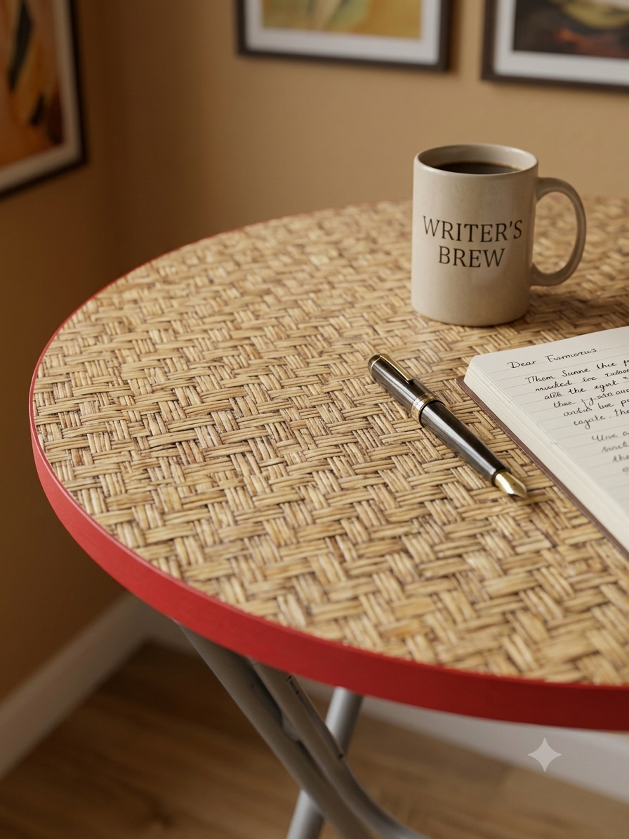 Round wicker table with a mug labeled 'Writer's Brew', pen, and paper on a wooden floor.