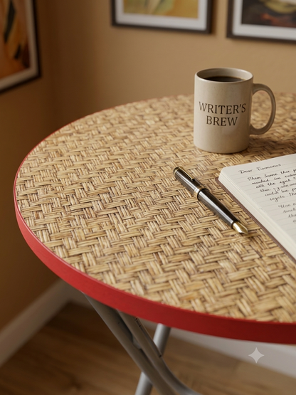 Round wicker table with a mug labeled 'Writer's Brew', pen, and paper on a wooden floor.